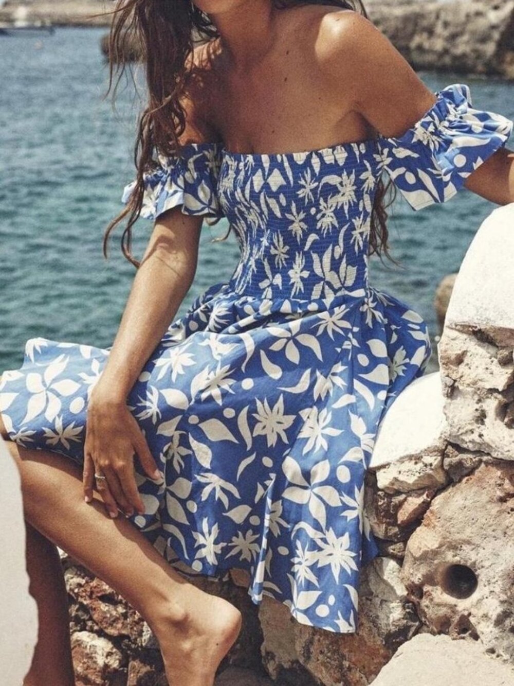 Zara Blue & White Botanical Print Smocked Mini Dress — Size XS | Off Shoulder